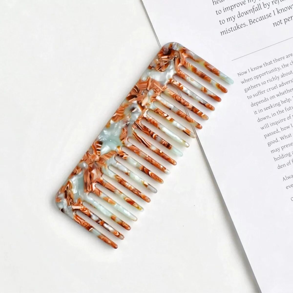INF Peigne en acétate turquoise antistatique - Peigne démêlant à motif marbré, dents larges pour cheveux bouclés et lisses avec