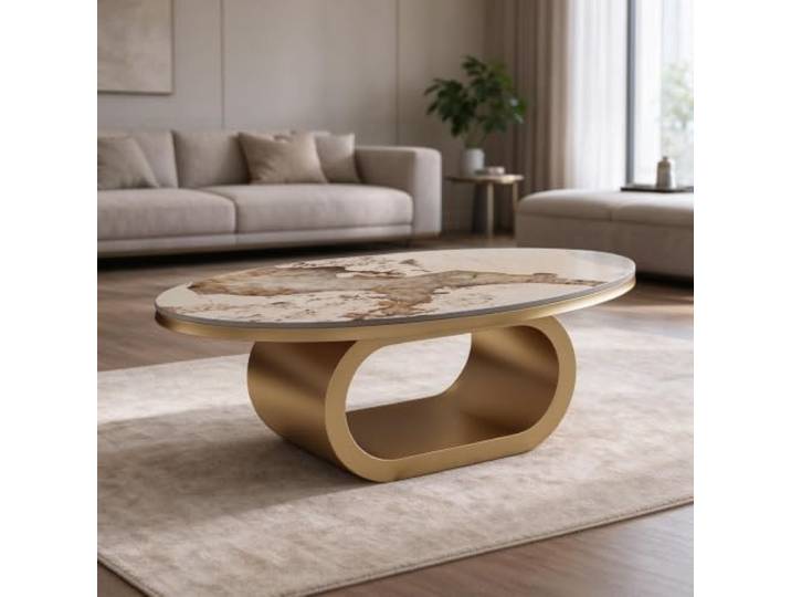 YHTCSXMD Couchtisch Oval, Moderner Wohnzimmertisch mit Steinplatte Design Dicke Steinplatte, ovales Design mit Metallgestell, zweistöckige Ablage für Bücher und Deko, geeignet fürs Wohnzimmer