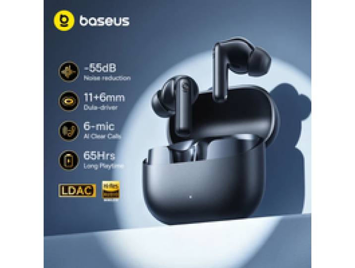 Baseus Bass EP10 Ultra draadloze oordopjes – 55 dB ruisonderdrukking, 65 uur speeltijd, Bluetooth 6.0, 6 microfoons, AI-gespreksversterking.