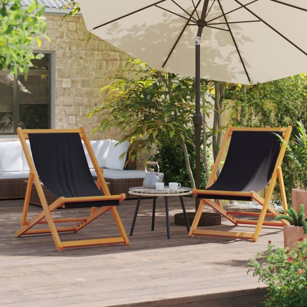 2 klappbare Strandstühle aus schwarzem Eukalyptusholz mit Polyesterstoff, in 3 Positionen verstellbar, wetterfest, robust und leicht für Garten, Balkon, Terrasse und Camping