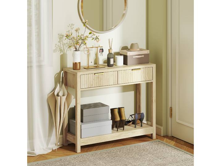 HOMCOM Console 90cm Bois Naturel Moderne 2 Tiroirs et Étagère