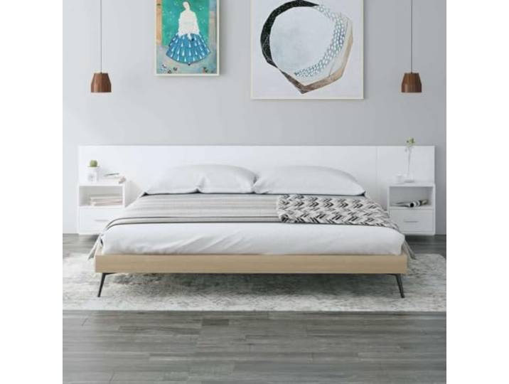 Kopfteil mit Schränken aus mehrschichtigem Holz, Weiß, 2 Nachttische Wanddesign, Stauraum, glatte Oberfläche, feuchtigkeitsbeständig, stabil, einfache Montage