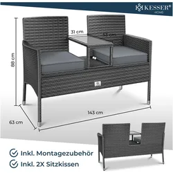 Kesser, Gartenbank, Polyrattan Gartenbank 2-Sitzer Bank mit integriertem Tisch