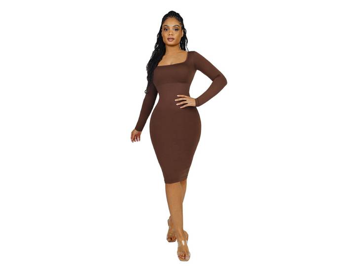 Feelingirl Robe gainante sans coutures, col carré, manches longues, XS/S, marron