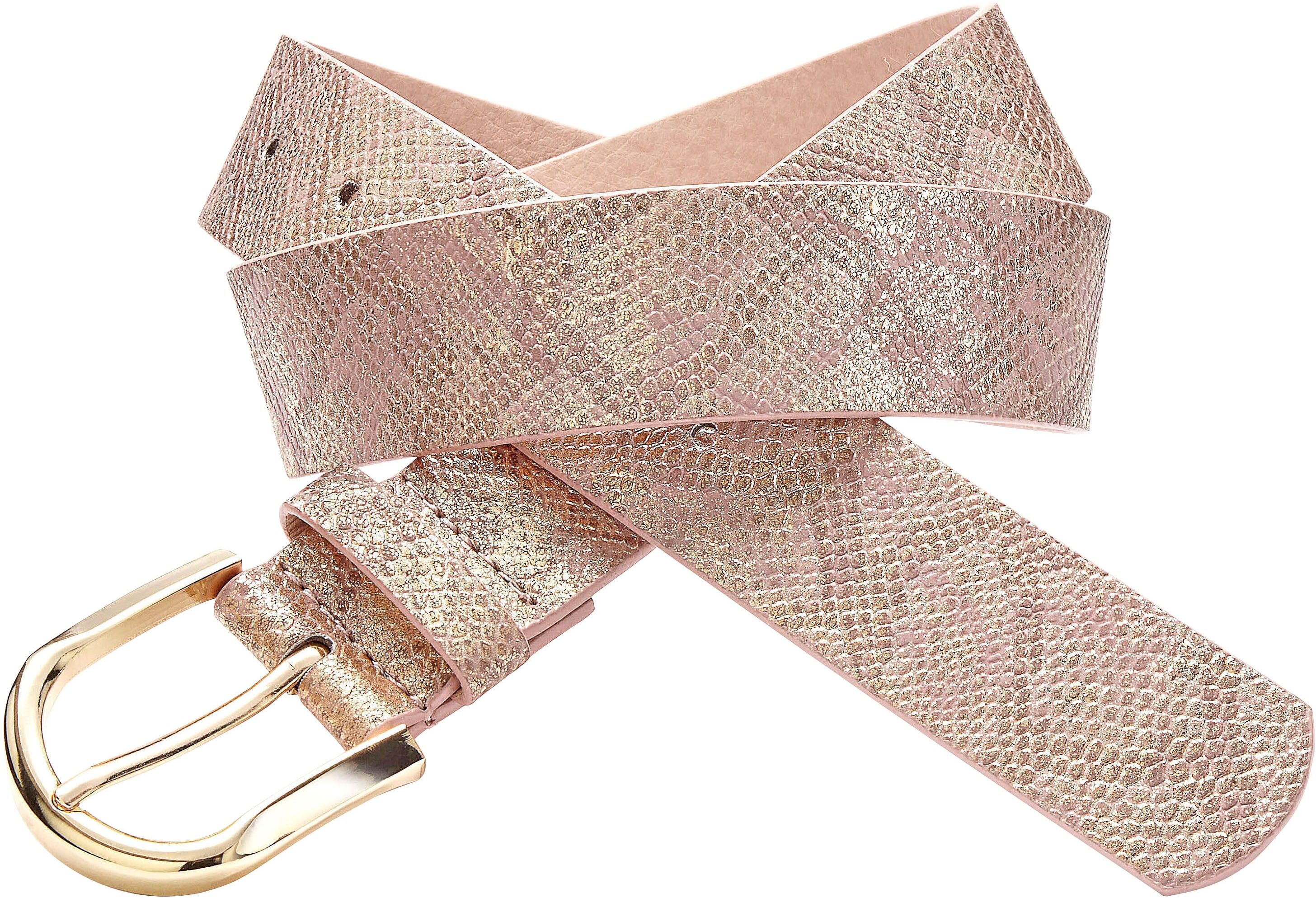 Hüftgürtel LASCANA "Hosengürtel, Gürtel, Jeansgürtel, Anzuggürtel", Damen, Gr. 110, rosa (roségoldfarben), Lederimitat, Reptilienprägung, Schlangenoptik, bedruckt, beschichtet, gemustert, geprägt, geprägtes Muster, glänzend, metallic, Gürtel Hüftgürtel, i