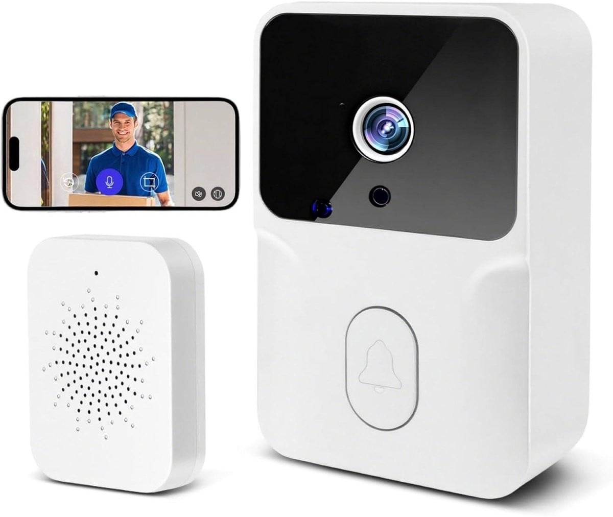 GELLDG Draadloze videodeurbel met camera, tweewegcommunicatie en nachtzicht, wit