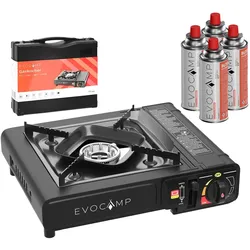 EVOCAMP Gaskocher 1-flammig mit 4 Gaskartuschen 227g und Transportkoffer – Ideal für Kochen unterwegs