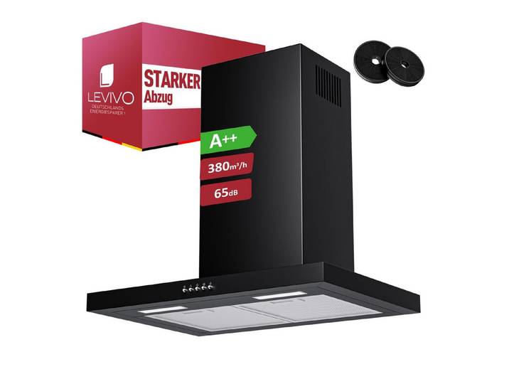 Levivo Wandhaube A++ Dunstabzugshaube 60cm Umluft & Abluft mit 380 m³/h Aktivkohlefiltern, Fettfiltern, LED-Beleuchtung