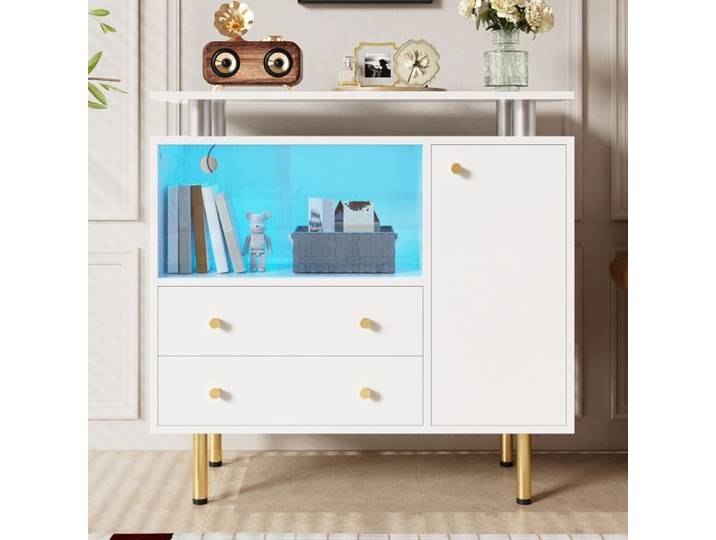Buffet LED Moderne avec 2 Portes Coulissantes en Verre 2 Tiroirs et 1 Porte avec Poignées en Métal et Pieds en Métal Buffet Salon