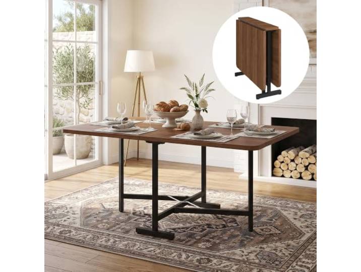 Crlnaup Eleganter moderner minimalistischer Esstisch – Ausziehbarer Esstisch 120 cm x 80 cm, faltbar und gelagert Tisch, moderner minimalistischer Stil, hochfeste Legierungsstütze,Walnussholzfarbe