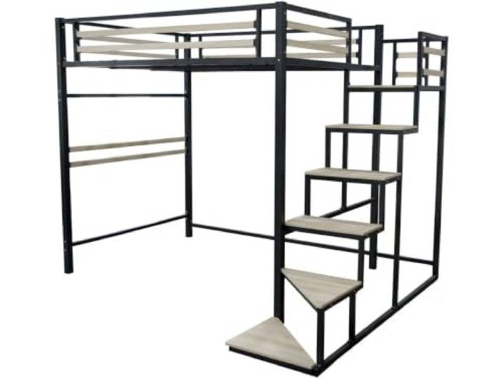 Hochbett aus Metall mit Treppe LENA - 140 x 200 cm - Schwarz