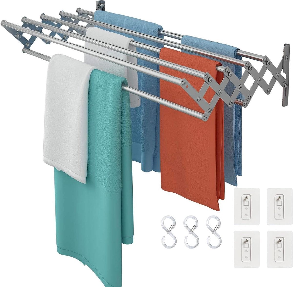 Inklapbaar en uittrekbaar wanddroogrek voor kleding in RVS, 80 cm, Zilverwit