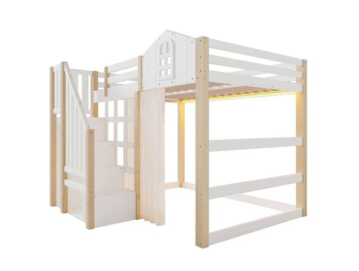 ComfortXL Hochbett 140/200 cm De-04502, mit Led, Fensterform und Ablageleiter in Weiß/Natur, Weiß, Naturfarben, Holz, 140x200 cm, Babymöbel & Kindermöbel, Kinderzimmer & Jugendzimmer, Kinderbetten, Hochbetten
