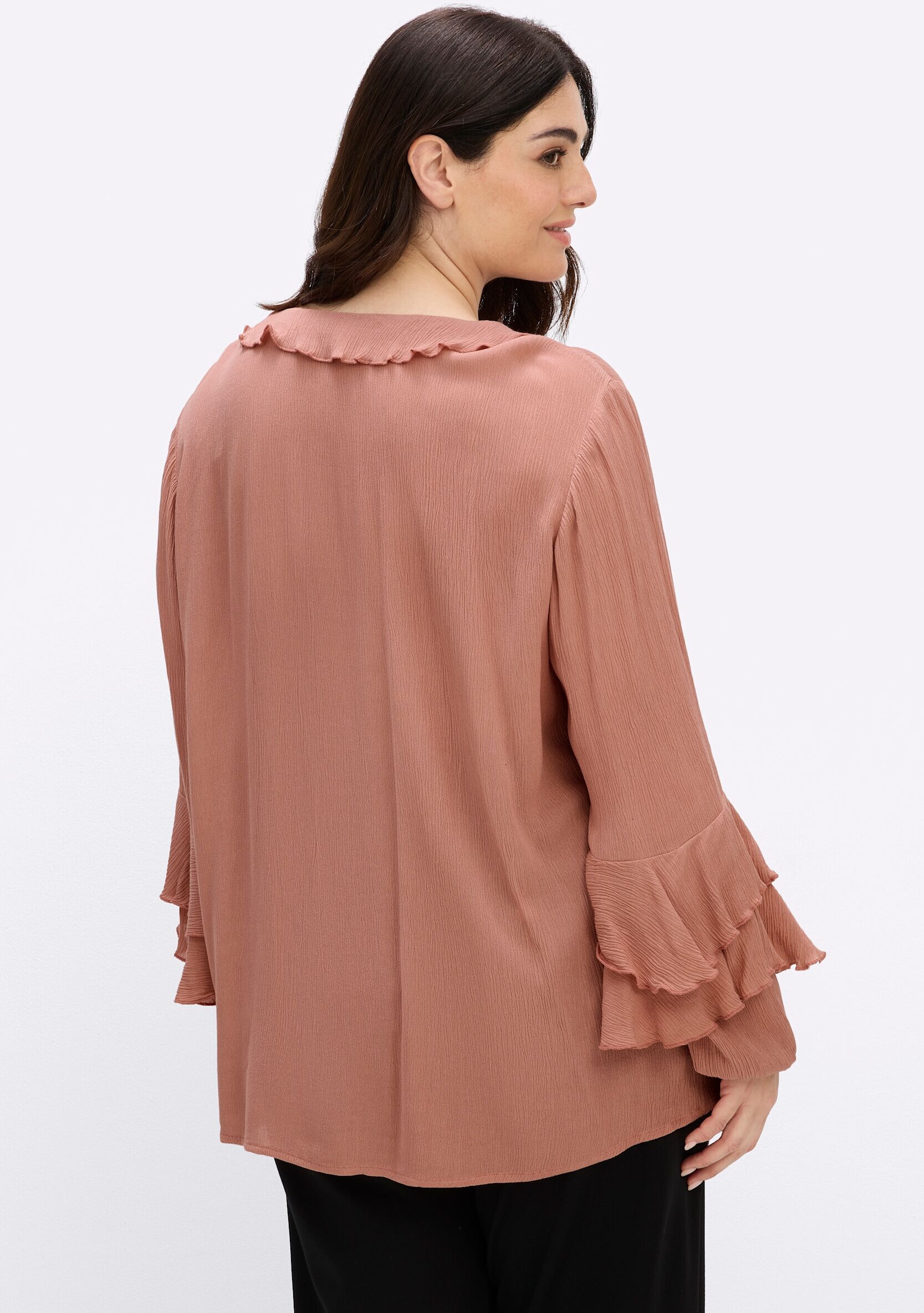 Longbluse SHEEGO "Tunika Tunika mit Volants", Damen, Gr. 44, rosa (rosenholz), Elegant, Rundhals, Blusen Longbluse
