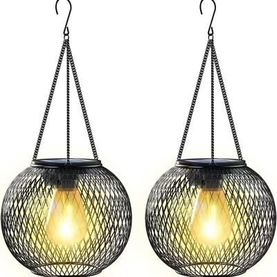 Uplift Essentials Solar Hanging Lantern Outdoor Light Waterproof Metal Decorative Garden Lamp With Retro LED Bulb 2pc Solar Lantern