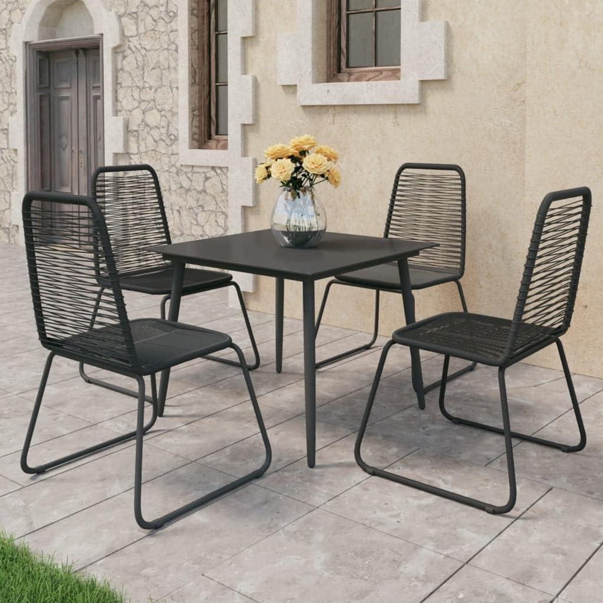 5-delige Tuin Eetset met Pvc Rotan Stoelen - Zwart