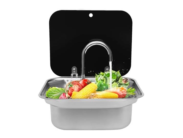 RV Camping Spüle Bausatz, Wohnwagen Waschbecken Set Edelstahl Wohnmobil Spülbecken mit Glasabdeckung und Warmwasserkran, Waschbecken für Wohnwagen, Hotels(41 x 36,5 x 16cm)