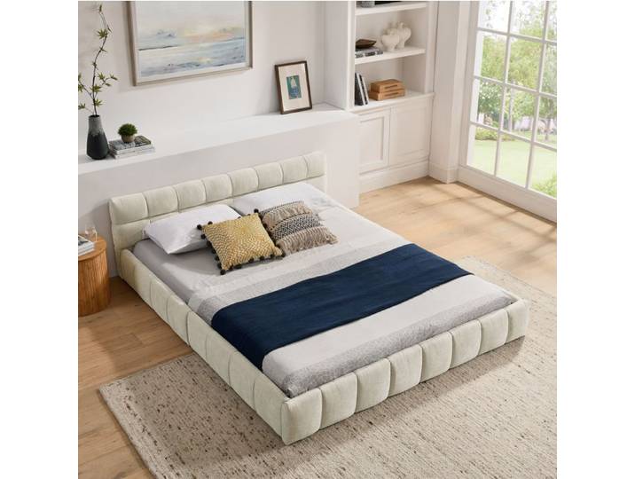 Lit adulte 160x200 cm lit double structure renforcée Tissu Beige