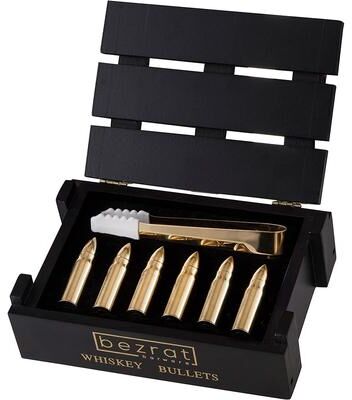 Bezrat Set of 6 Gold Whiskey Chilling Stones - Gold Ice Tongs