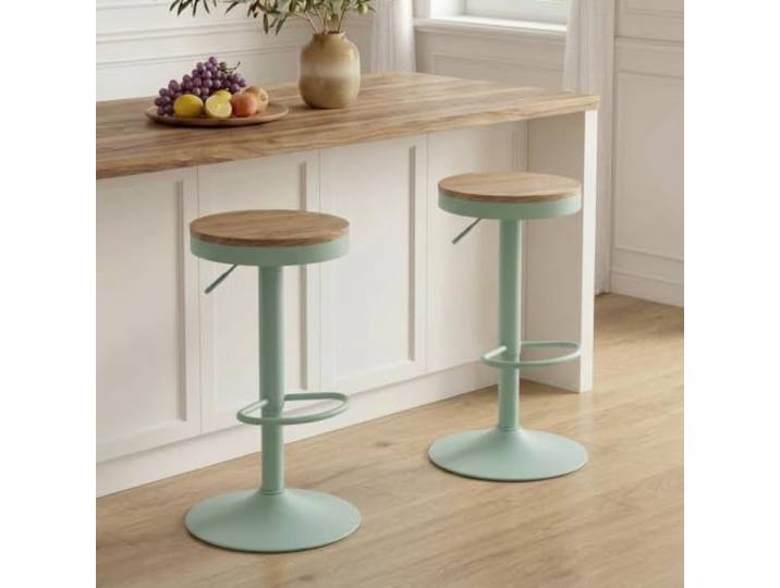 YOUNIKE Barhocker 2er Set Holz Barhocker Barstuhl Hoher Metallrahmen 360° höhenverstellbar drehbar mit Fußstütze Industriell Grün
