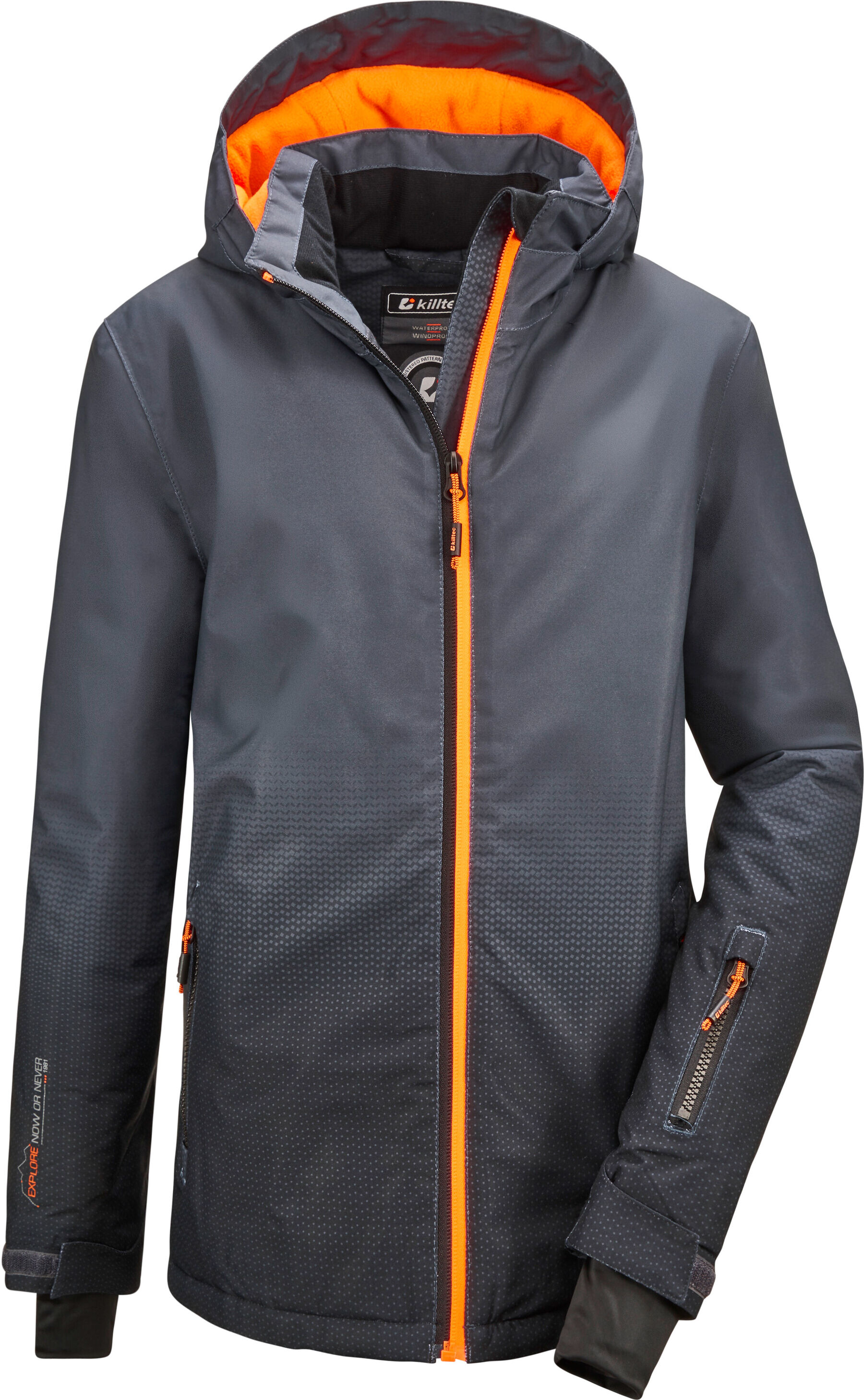 Outdoorjacke KILLTEC "Lynge BYS JCKT E", Jungen, Gr. 116, grau (anthrazit), Obermaterial: 100% Polyester.Futter: 100% Polyester.Füllung: 100% Polyester, Jacken Outdoorjacke, Wasserdichte Funktionsjacke mit Schneefang und coolem Design