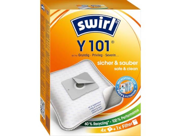 Swirl Y101 Ecopor stofzuigerzakken voor AEG, Dirt Devil, Grundig stofzuiger, anti-allergeen filter, 4 stuks incl. filter