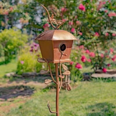 Zaer Ltd Antique Copper Finished Iron Birdhouse Stake with Square Roof