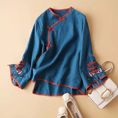Lush Living Finds 2023 New Spring Womens Shirt, Chinese Style, Artistic Embroidery, Loose Fit, V Neck Top, Fashionable Clothes For Women xl j215 Blue