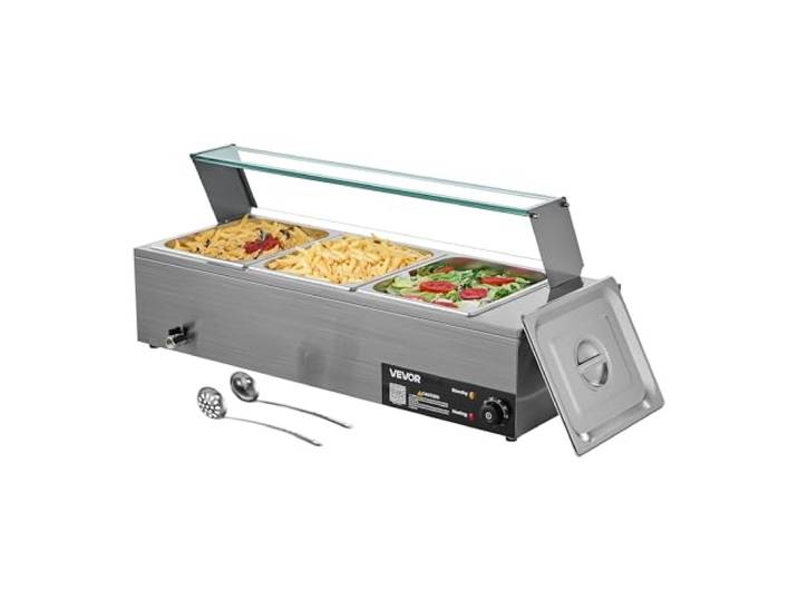 VEVOR kommerzieller Speisenwärmer (3 x 1/2 Größe Behälter), 1,5 kW elektrischer Wärmebehälter aus Edelstahl mit Glasabdeckung & Suppenkelle, Chafing Dishes für Catering Restaurant Party
