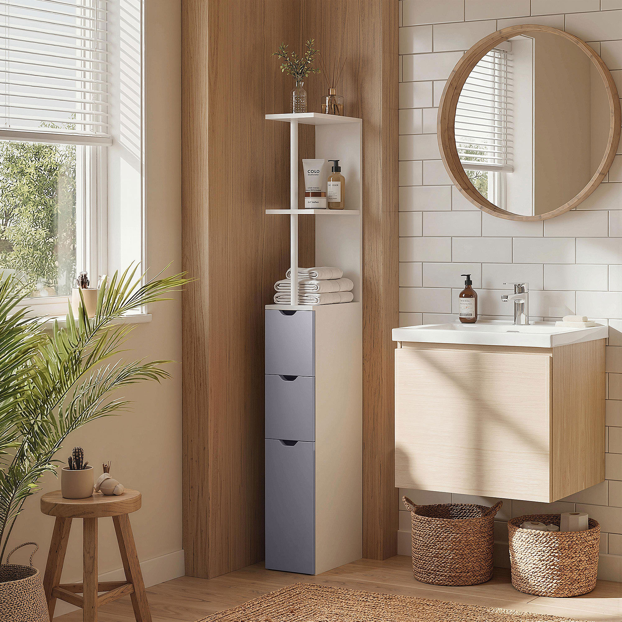 Altro Colonna Bagno, Mobile Bagno Salvaspazio In Legno, Mobiletto Con Armadietto, Ripiani E Cassetti, 15x33x136.8 Cm, Grigio Chiaro