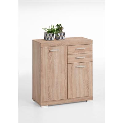 Kommode FMD "Bristol", braun (eichefarben), B:80cm H:89,9cm T:34,9cm, Holzwerkstoff, Sideboards, Kommode, Kommode mit 2 Türen und 2 Schubkästen, Breite 80 cm, Tiefe 34,9 cm