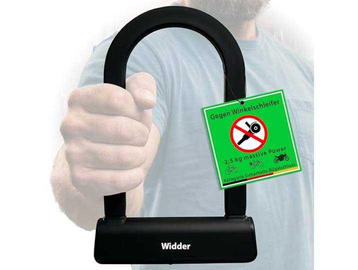WIDDER Fahrradschloss Bügelschloss mit Spezial-Karbid gegen Winkelschleifer Sicherheitsstufe 20 Anti-Flex Bügel – Fahrrad & Motorrad Schloss mit 5 Schlüssel – e Bike Lock Motorradschloss extrem sicher