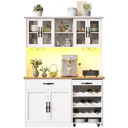 MODFU Hochschrank MDF Weiß 140x38x180 cm mit Rollwagen, LED-Beleuchtung, Soft-Close und Weinregal
