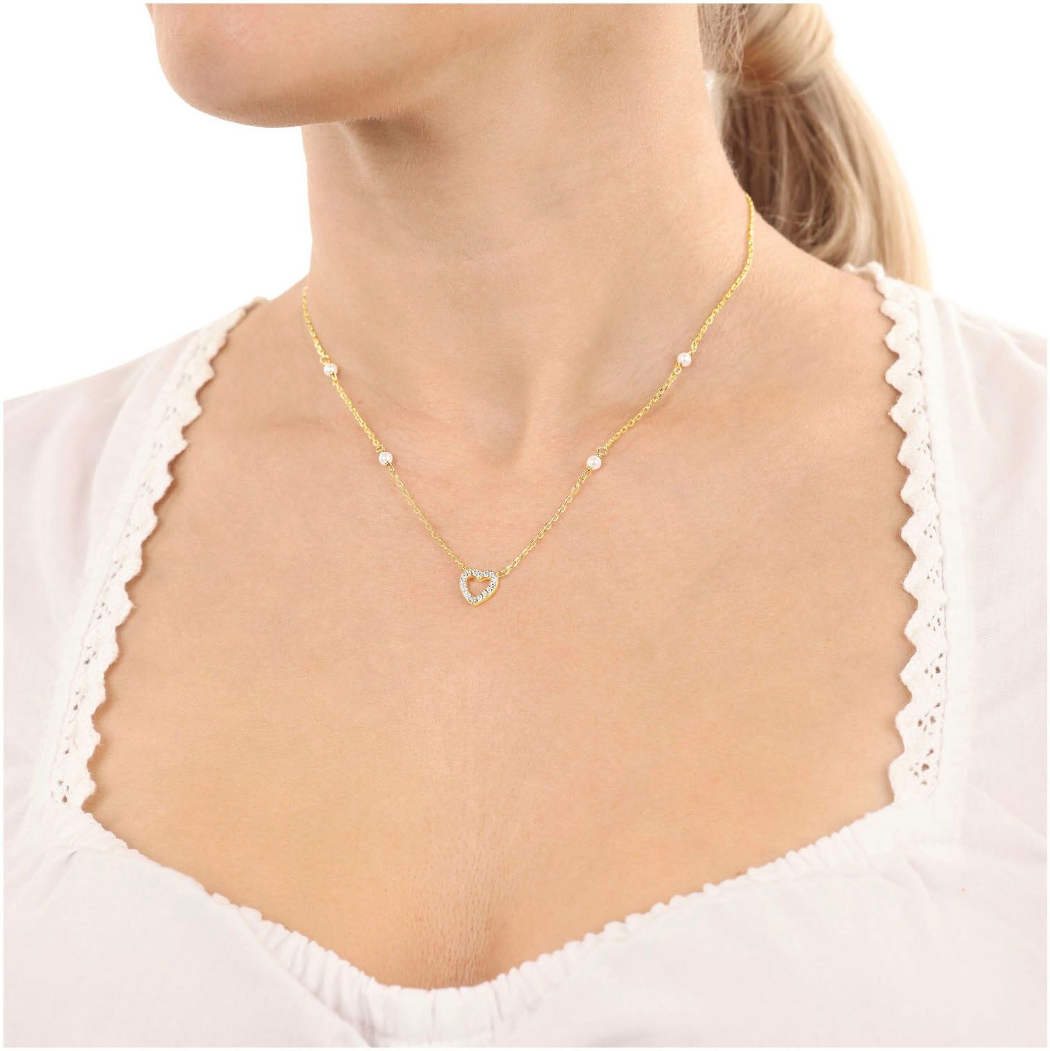 Kette mit Anhänger AMOR "Herz, Trachtenschmuck, Volksfest", pink (gelbgoldfarben, pink, weiß), Halsketten, Damen, Perlen Silber 925 (Sterlingsilber), L: 42, Perlen, Silber 925 (Sterlingsilber), Kette mit Anhänger, mit Stein (synth.) - mit Muschelkernperle