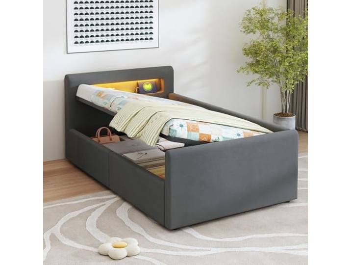 FAVSH Polsterbett 90x200 cm, Kinderbett mit LED-Beleuchtung, USB-Ladeanschluss und Nachtlicht,Jugendbett mit Samtbezug, Lattenrost und hydraulischem Stauraum,Einzelbett für Jungen und Mädchen, Grau