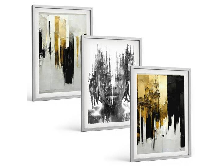 BILDER SET 3er Set - 40x60 cm Silberner Rahmen - Kontrastierende abstrakte Porträts