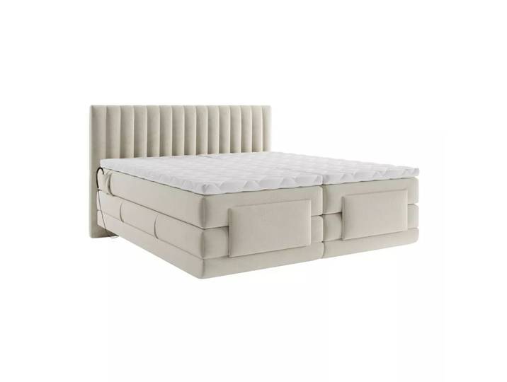 Vente-unique - Boxspringbett mit vertikalen Ziernähten am Kopfteil + elektrischem Untergestell mit Relaxfunktion + Matratze + Topper - 2 x 80 x 200 cm - Samt - Beige - DONISI von PALACIO, 80X200CM