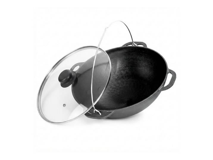 4BIG.fun Grilltopf Premium Gusseisen Kazan 12 L mit Glasdeckel Schwenktopf Gusstopf, Gusseisen (Schmortopf Plov, Grillwok preseasoned bereits eingebrannt), Asiatisches Kasan Kessel