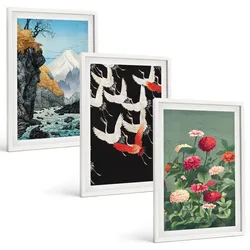 BILDER SET 3er Set - 40x60 cm Weißer Rahmen - Berge, Wasserfälle, Vögel, Blumen