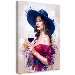 BILDER, Frau mit Hut und einem Glas Wein