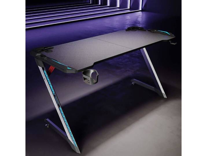 Bureau Gaming Table Ergonomique de Jeu 140x60x75 cm Bureau d'ordinateur PC Gaming Table en Fibre avec Eclairage RVB Porte Gobelet