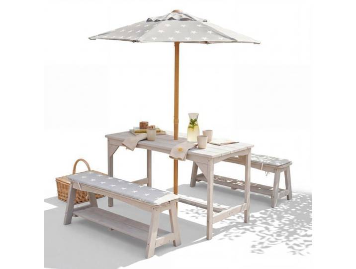 Table de Pique-Nique Enfants - ROBA - Bois Massif - Avec Parasol + Coussins Étoiles - Gris