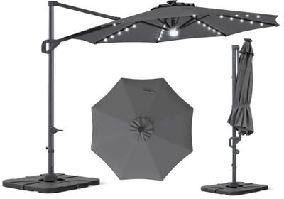 Costway 10 FT Cantilever Patio Umbrella with 35 Solar LED Lights and 220 LBS Base-Gray