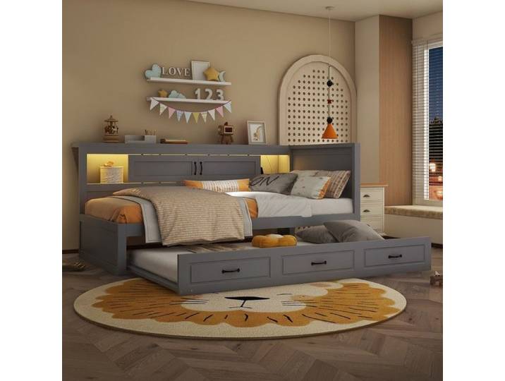 Lit enfant extensible - Lit jour PAGE Living - 90x200 cm - LED intégrée - Tiroir extensible & prises USB