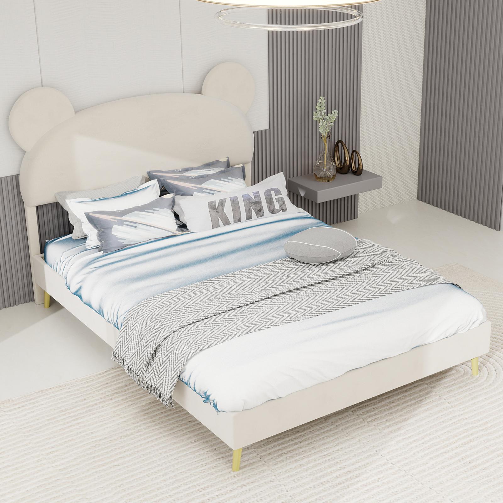 MODFU Einzelbett 140x200 mit Matratze Cartoon-Form-Polsterbett Bettgestell aus strapazierfähigem Density Fibreboard,Bettrahmen mit weichem Kopfteil,ohne Gasfeder,Beige