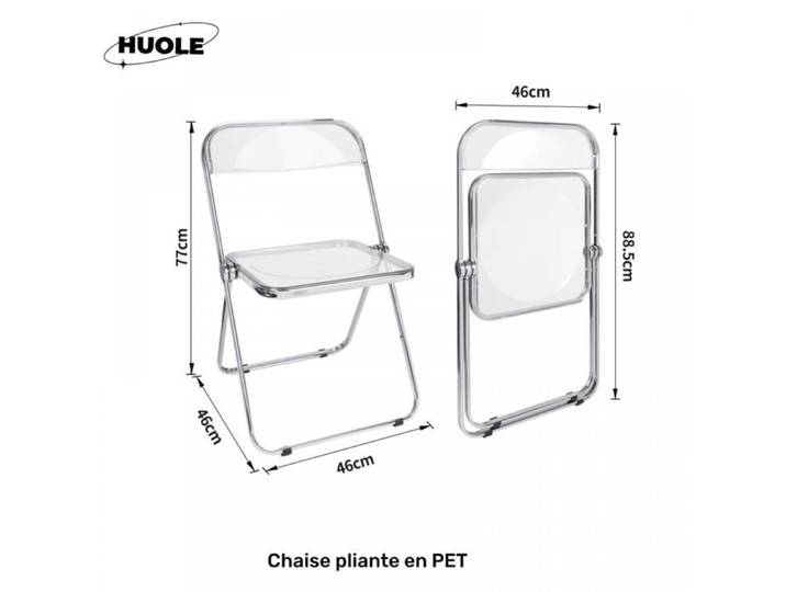 Chaise pliante empilable en PET transparent délicat sans accoudoirs. Dimensions de la chaise pliante transparente :46 x 46 x 77 cm