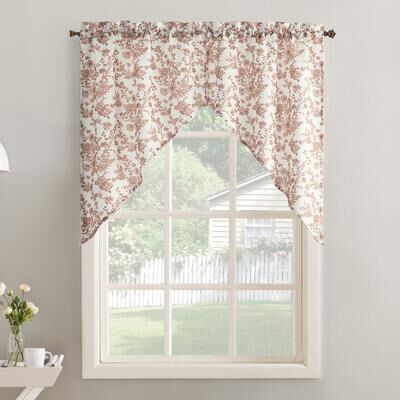 No. 918 Elara 2-Piece Tonal Botanical Semi-Sheer Rod Pocket Kitchen Curtain Swag Pair