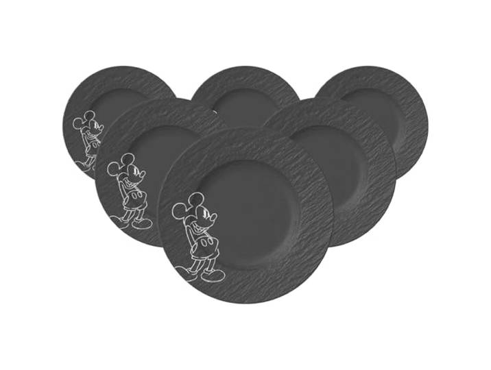 Villeroy & Boch Manufacture Rock – Mickey Mouse – Frühstücks-/ Dessertteller 6er Set, schwarz, spülmaschinenfest, Schieferoptik mit Disney Mickey Mouse Dekor, Premium Porzellan