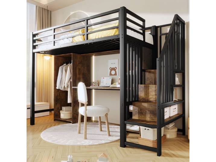 HOMVRA Lit mezzanine 90x200 cm lit simple avec rangement armoire et bureau métal noir sans matelas