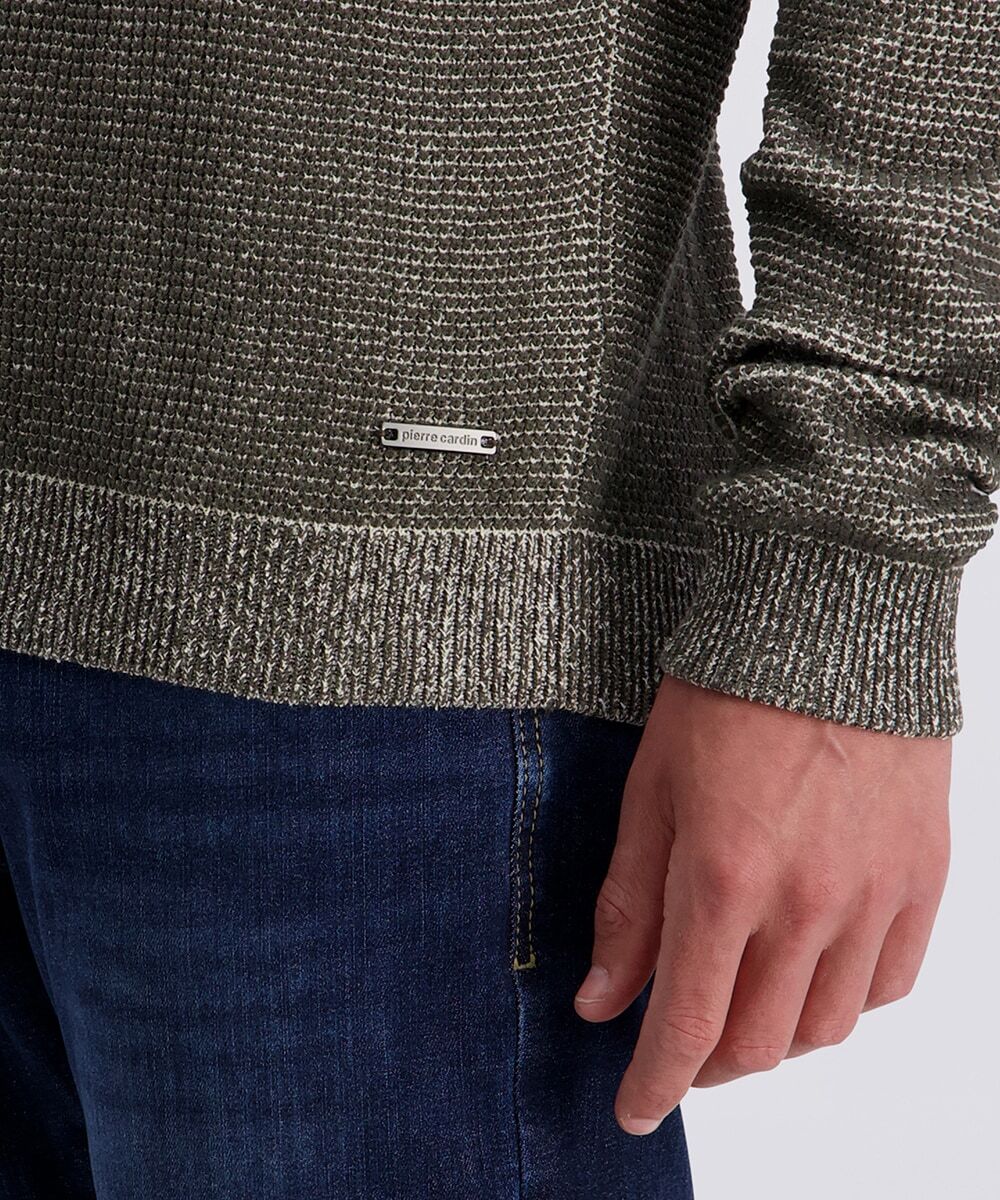 Rundhalspullover PIERRE CARDIN "Strick RH", Herren, Gr. M, grau (beluga gray), Strick, Obermaterial: 100% Baumwolle, meliert, normal, Rundhals, Bündchen, Pullover Rundhalspullover, Waffelmuster beluga gray M